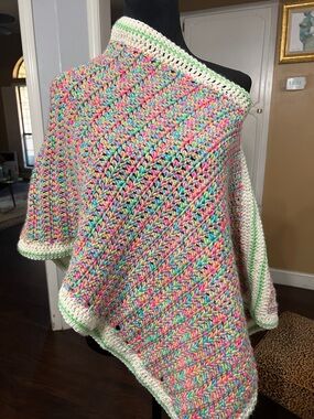 Handcrafted Multicolor Crochet Poncho with Cream Trim